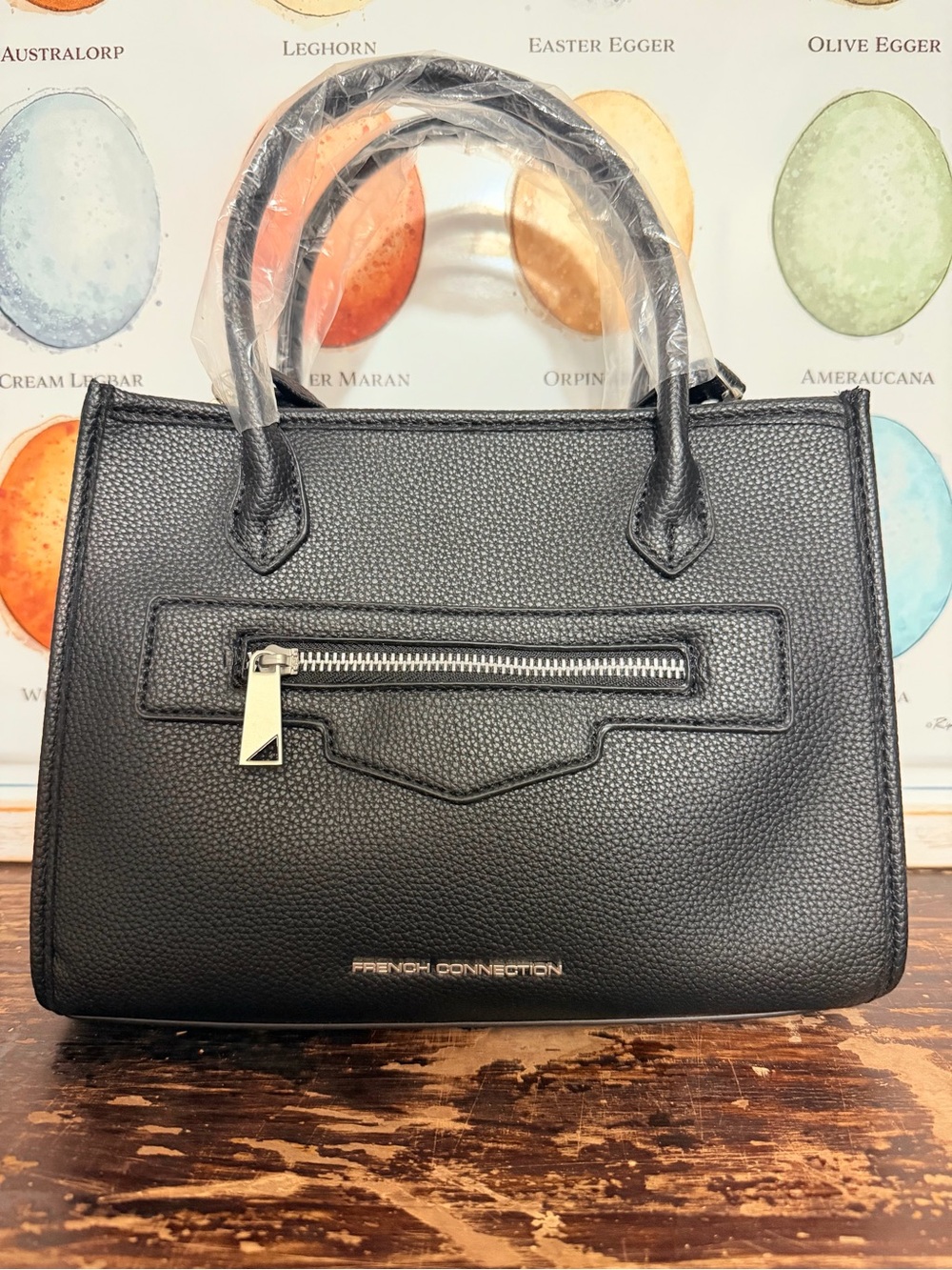 French Connection Black Pebbled Leather Satchel with Front Zip